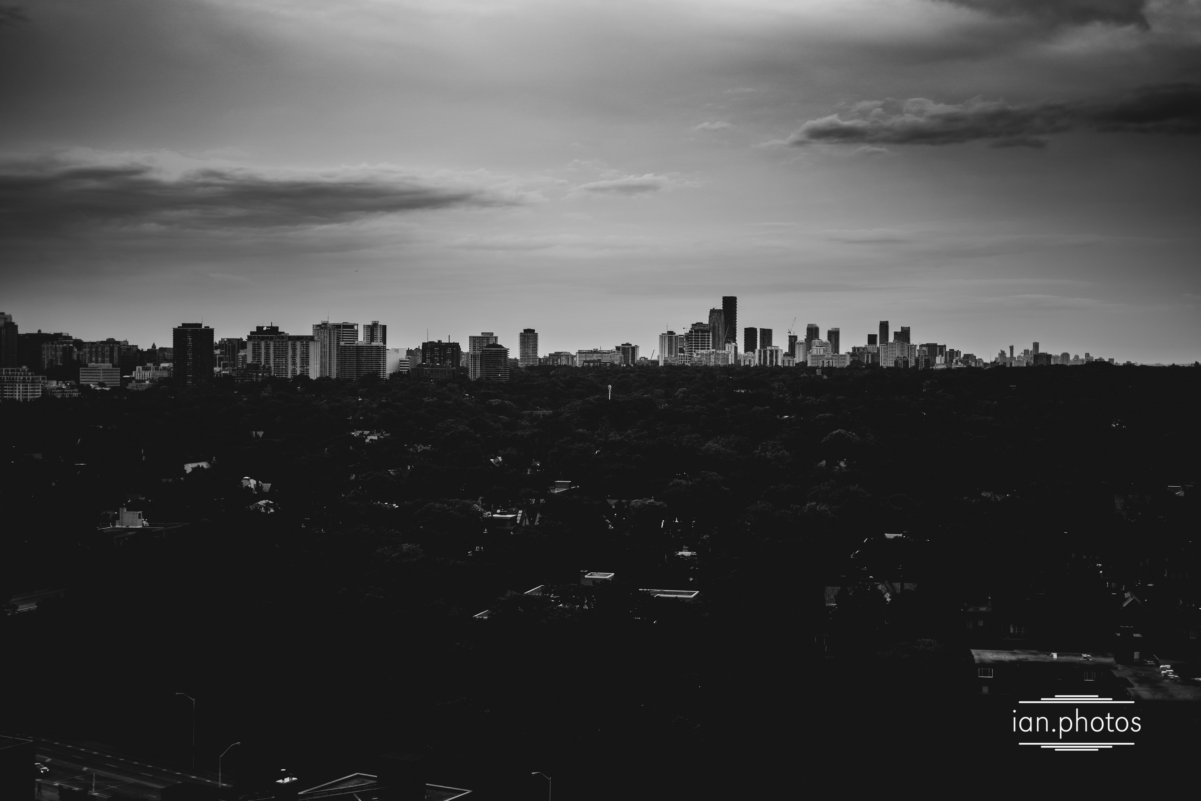 overlooking a city skyline from the balcony